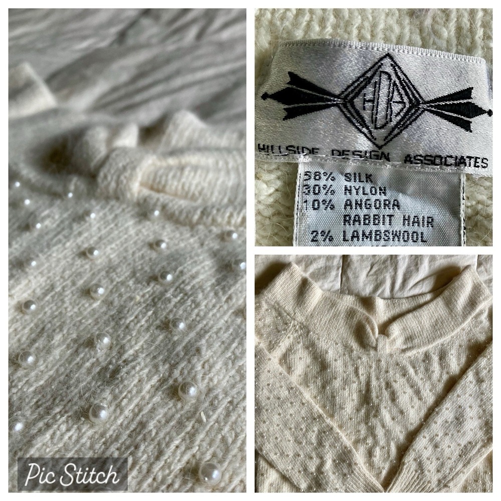 Vtg Hillside Design Assoc Pearl Off Shoulder Sweater Silk Angora Sm Cream White